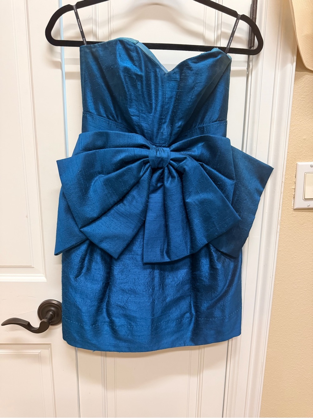 Phoebe Couture Teal Blue Strapless Dress with Statement Bow